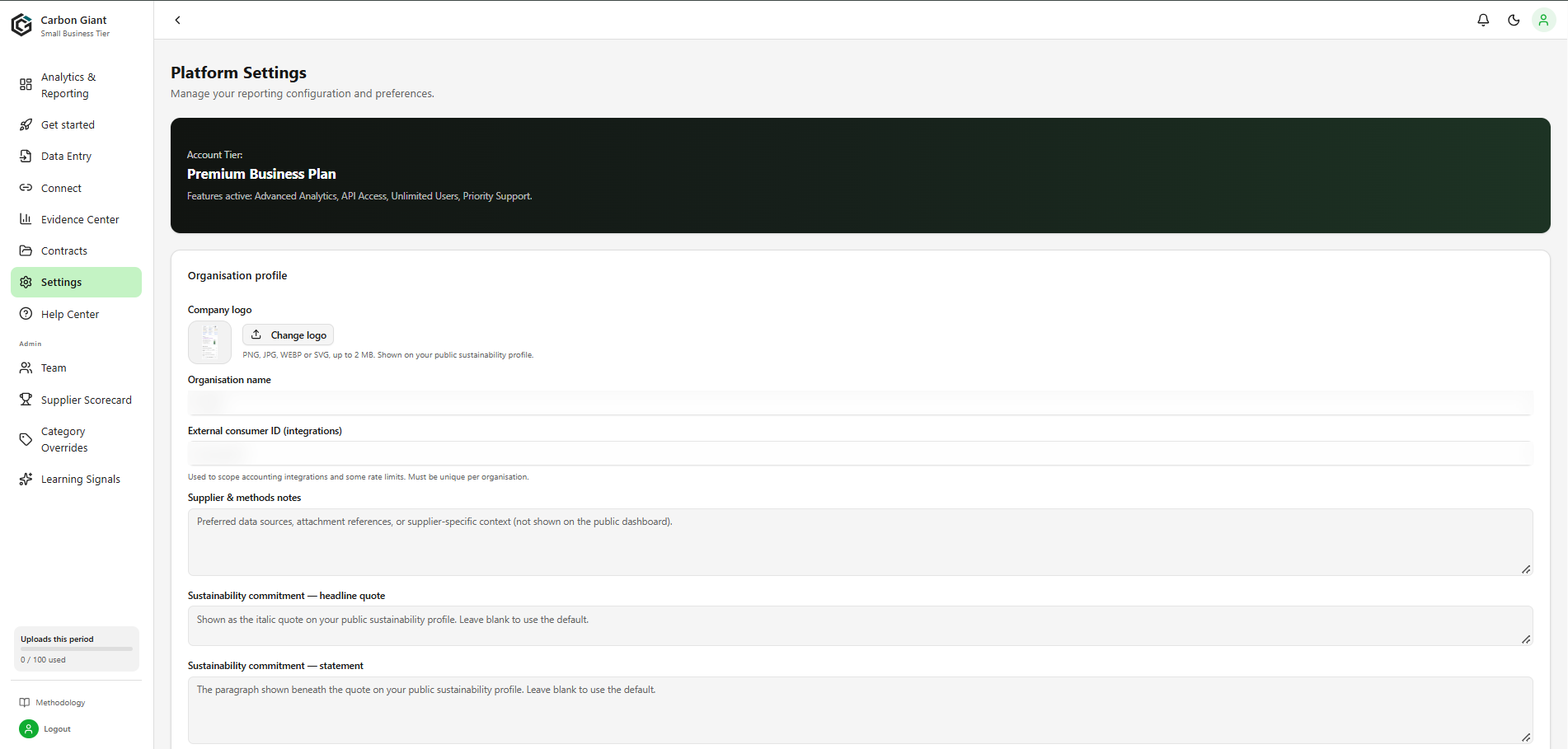 Platform Settings, organisation profile section.