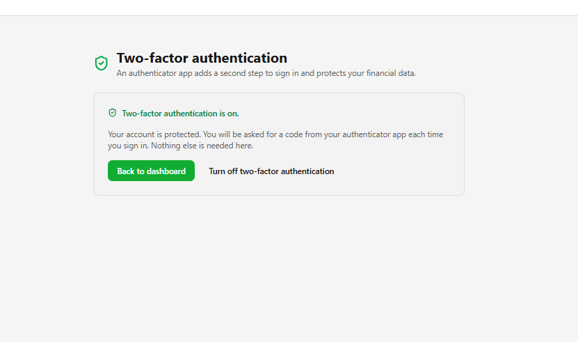 Two-factor authentication enabled screen.