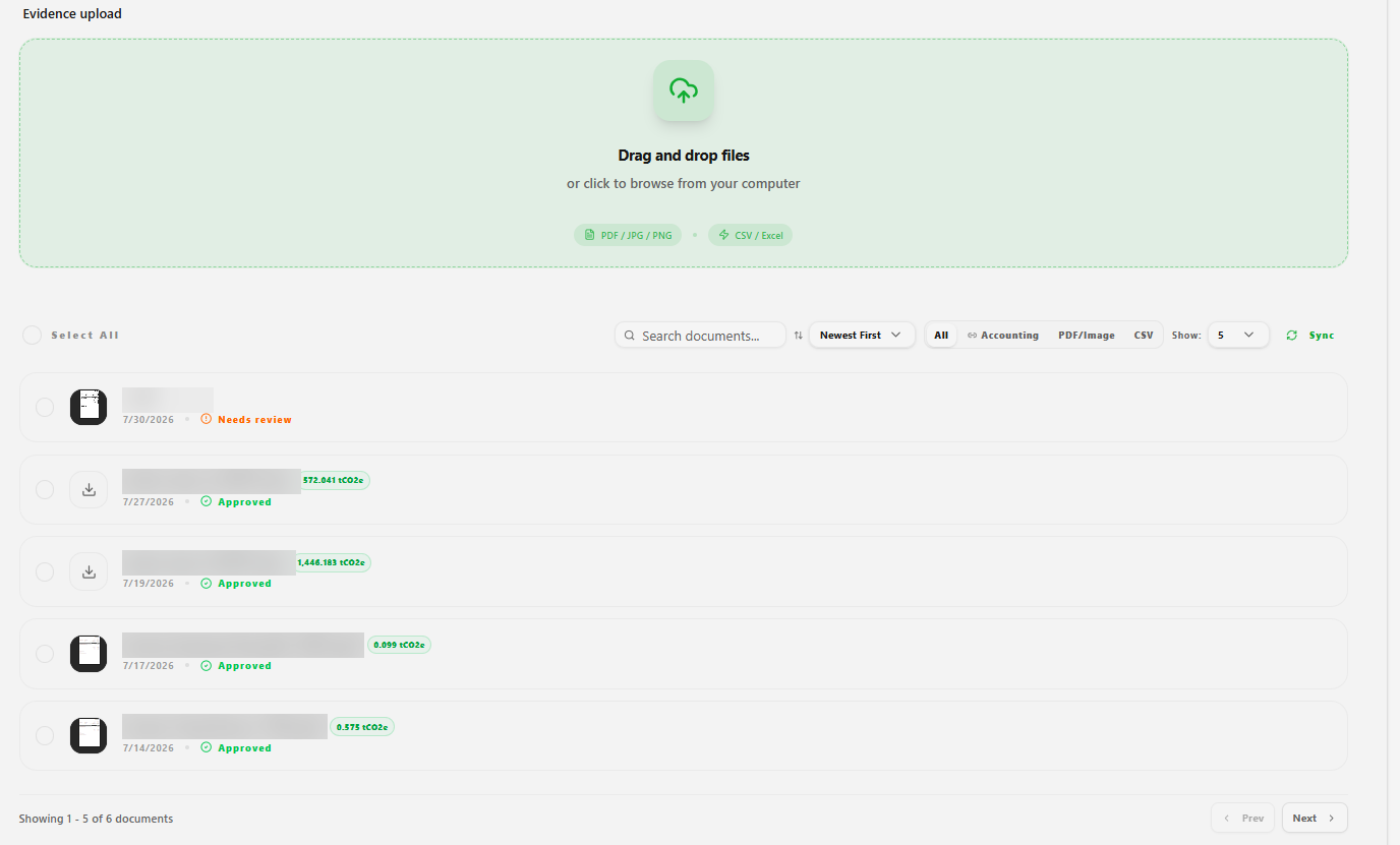 Document list showing upload status.