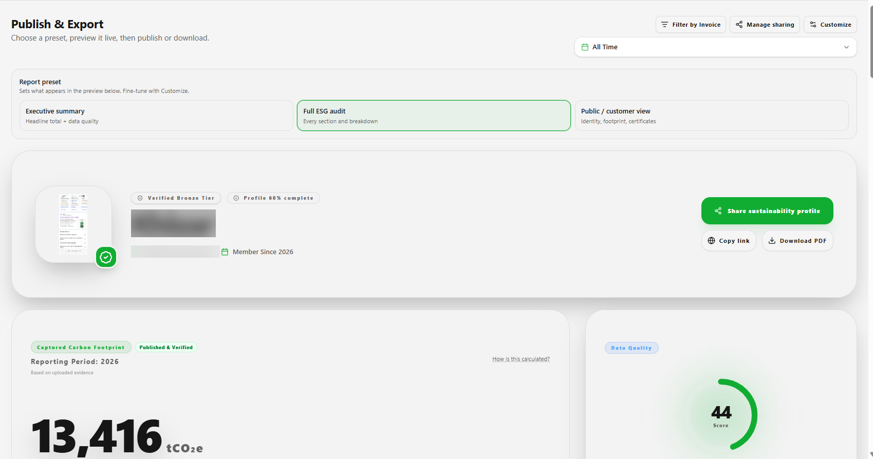Publish and Export page with report preview.