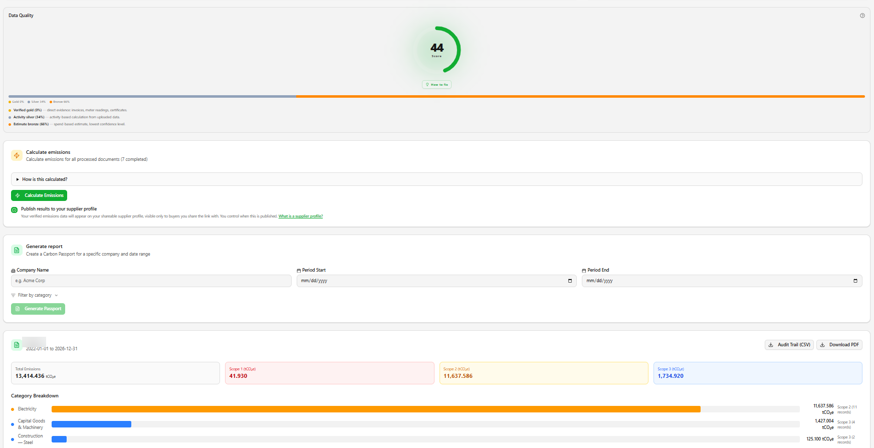 Generate report form with audit trail and PDF download.
