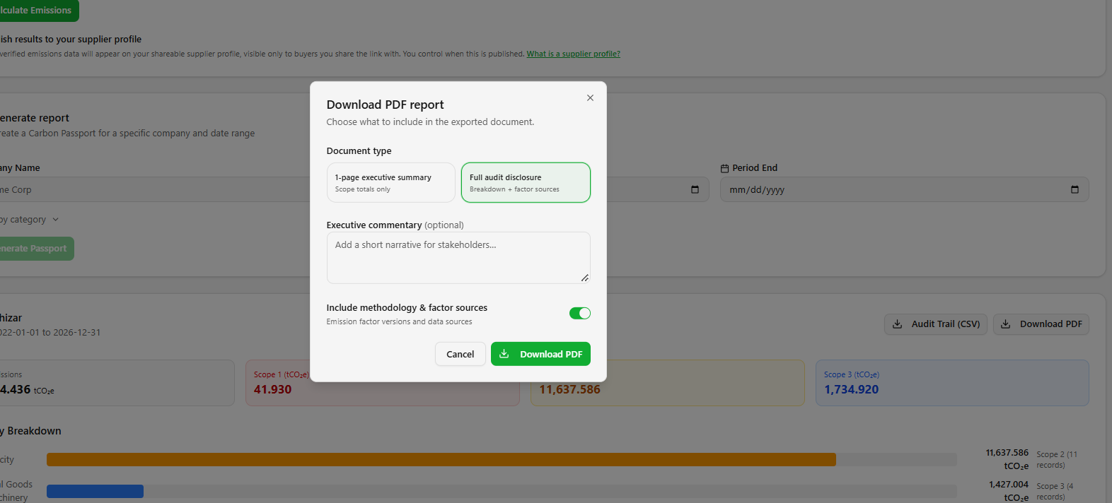 Download PDF dialog, choosing report type.