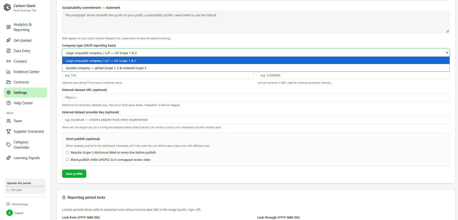 Settings, company type dropdown for emission scopes.