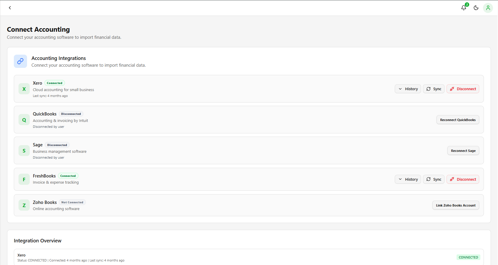 Connect page listing accounting integrations.