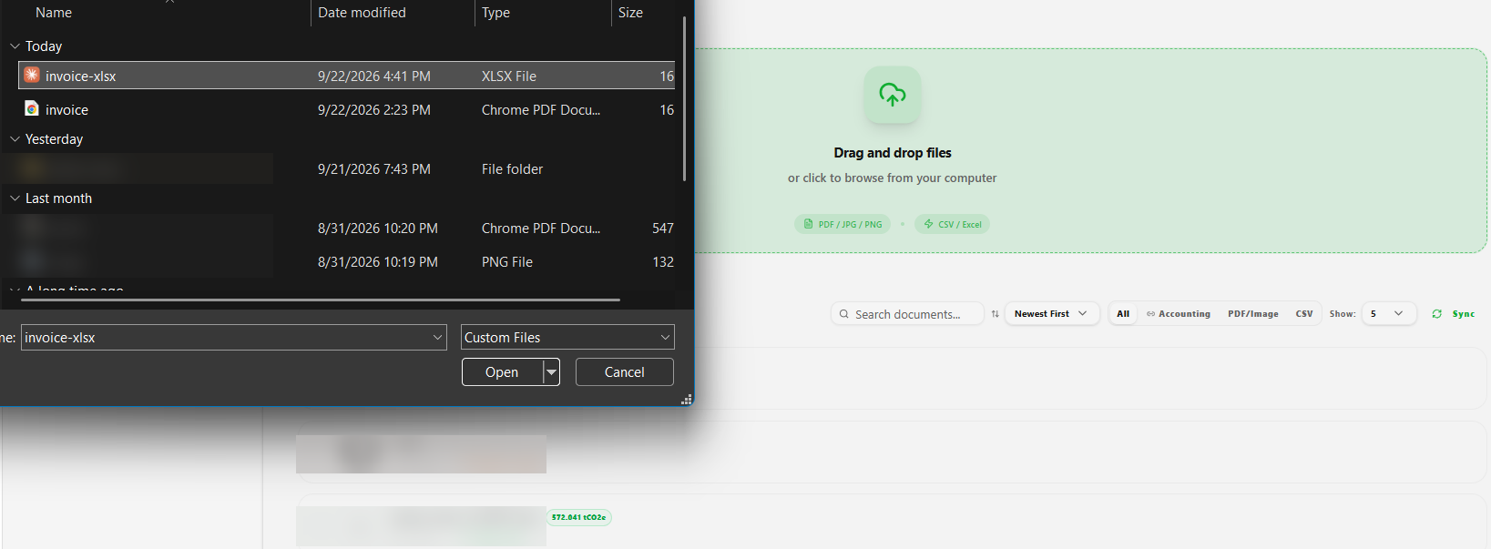 File picker selecting a spreadsheet file.